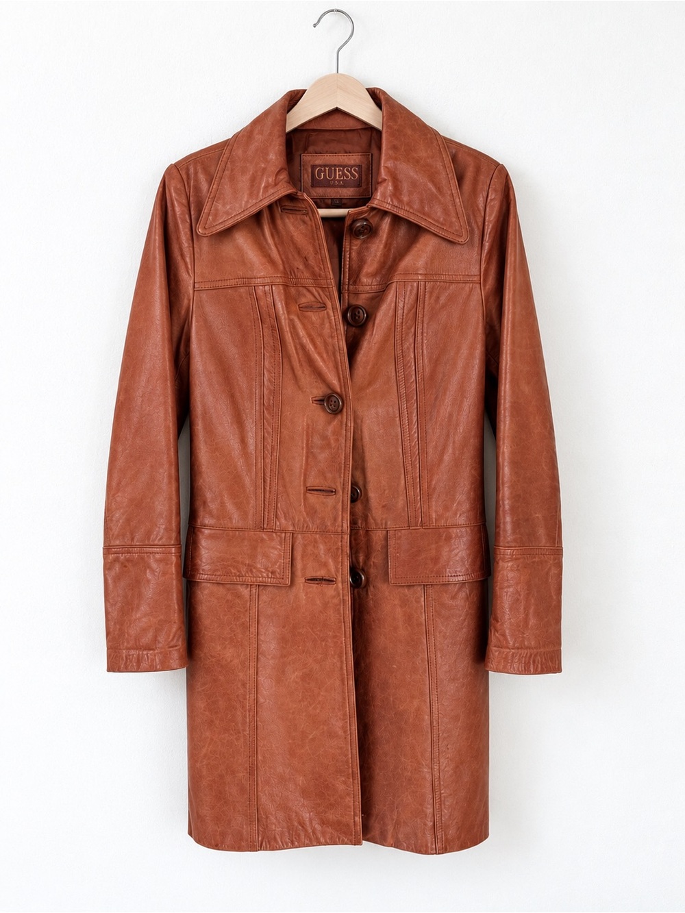 Vintage GUESS USA Genuine Leather Brown Car Coat Jacket Size S